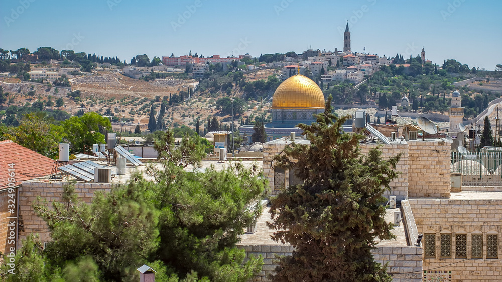 Fototapeta premium Panorama overlooking the Old city of Jerusalem timelapse, Israel, including the Dome of the Rock