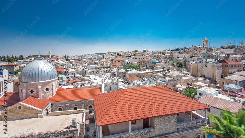Panorama of Jerusalem Old City and Temple Mount timelapse hyperlapse from Austrian Hospice Roof, Israel