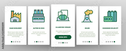 Factory Industrial Onboarding Icons Set Vector. Factory, Truck Terminal, Power Station Chimney, Mine, Warehouse And Greenhouse Illustrations