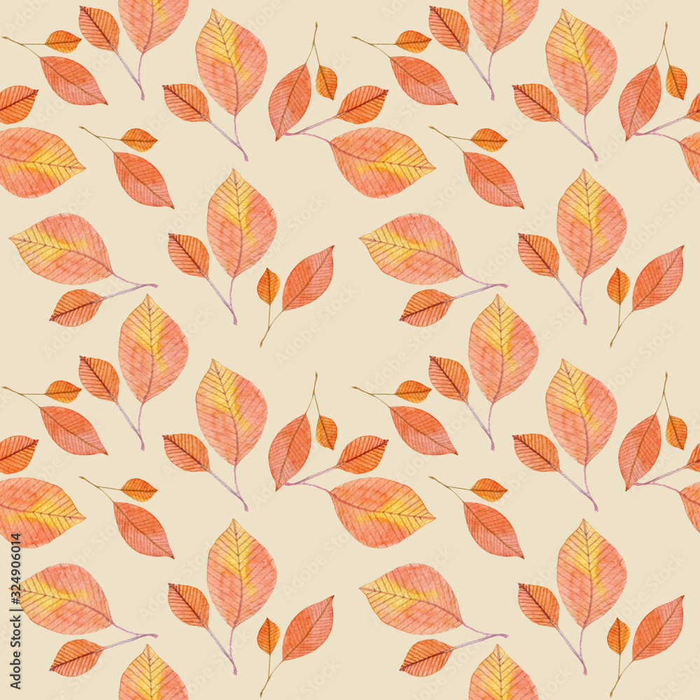 watercolor seamless pattern with autumn leaves on a beige background
