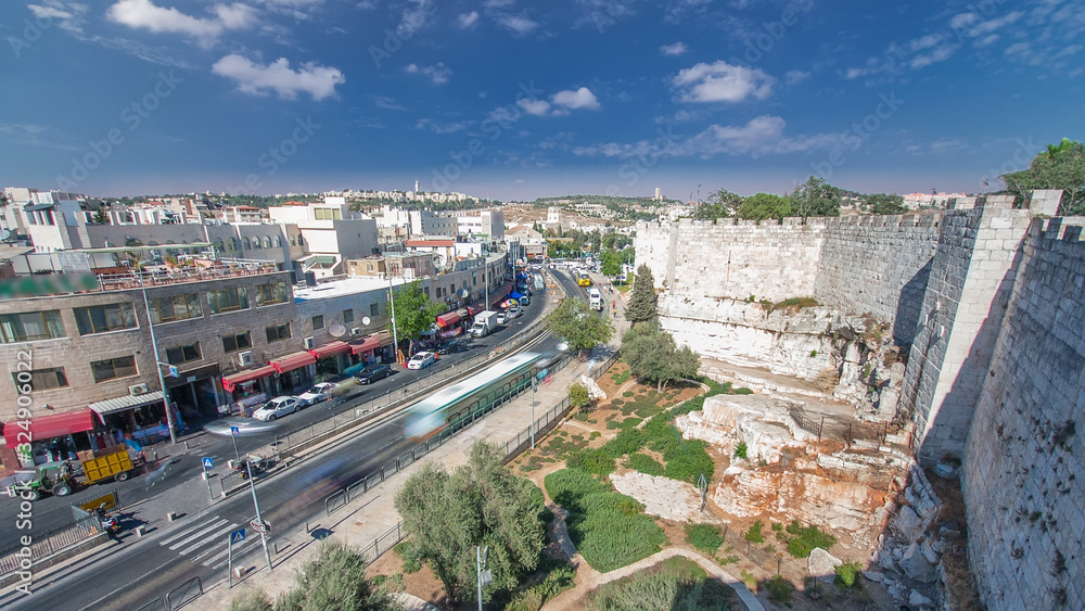 Fototapeta premium View from the top of Damascus gate to Jerusalem Old Town timelapse. Israel.