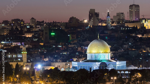 Evening in Old City, Temple Mount with Dome of the Rock timelapse view from the Mt of Olives in Jerusalem