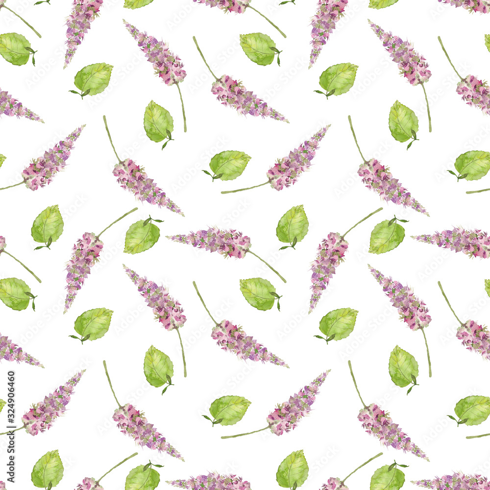 Seamless pattern of watercolor violet flowers and green leaves. Use for menus, invitations, menus, weddings