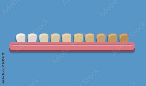 teeth whitening shade guide, dental colour chart. cartoon flat illustration vector isolated in blue background