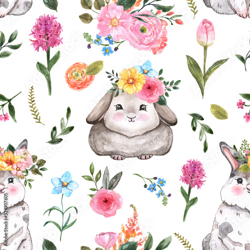Cute rabbits and flowers seamless pattern. Watercolor Happy Easter print for ...