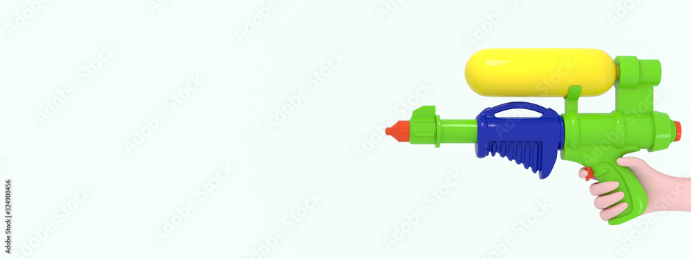 Songkran Festival Thailand banner. Hands holding plastic water gun on white background. 3d render Songkran Festival Thailand banner. Hands holding plastic water gun on white background. 3d render