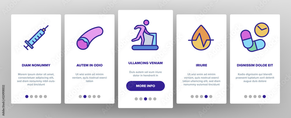 Diabetes Sugar Disease Onboarding Icons Set Vector. Syringe And Blood Analysis On Diabetes, Man Run And Drink, Pills And Fruits Illustrations