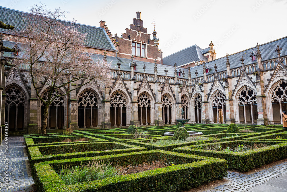 Utrecht, Netherlands - January 06, 2020. Pandhof garden of the Dom Church is one of Holland most beautiful inner courtyards
