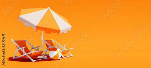 Fotografia Two beach chairs with parasol on lush orange summer background 3D Rendering