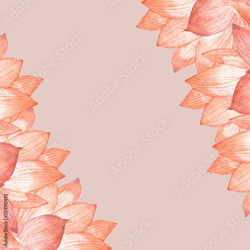 Watercolor hand painted nature floral banner frame with peach color lotus blossom flower petals bouquet on the pink background for invitation and greeting cards with the space for text