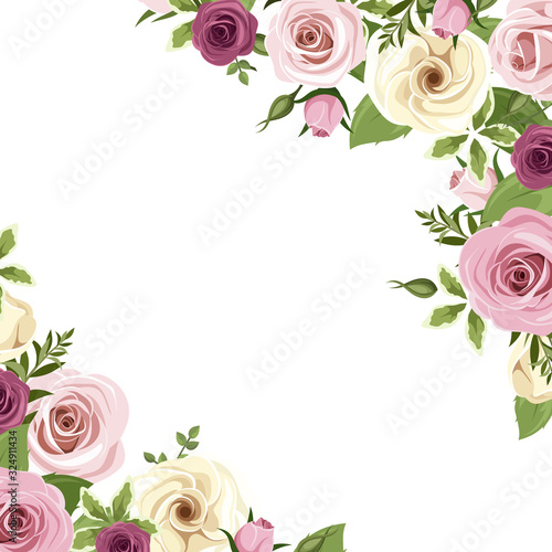 Vector background or invitation card with pink and white roses and lisianthus flowers and blackberries.