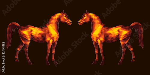 two red horses standing opposite each other  isolated image on a black background in the low poly style