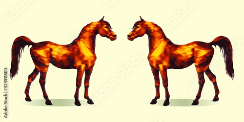 two red horses standing opposite each other  isolated image on a white background in the low poly style