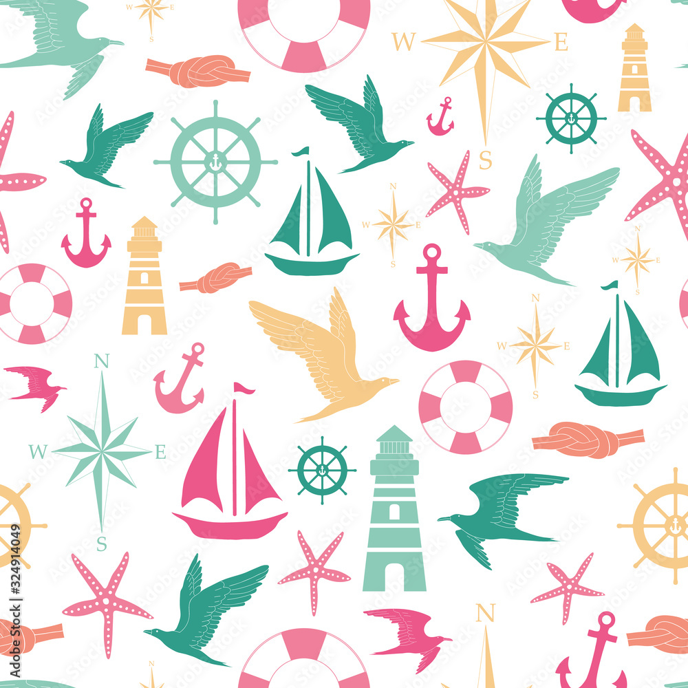 Vector marine nautical seamless pattern background with pastel colors