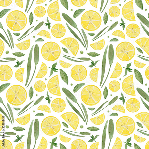 Seamless watercolor pattern with cut lemon and mint. Background with fresh fruits for menu, fabric, wallpaper, prints, cards, invitation, crafts, decoration kitchen.