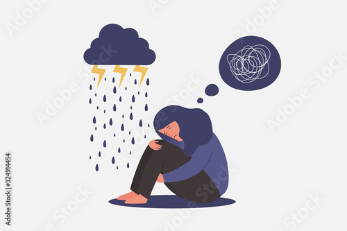unhappy and sad young girl in depression sitting and hugging knees with confused and rainy cloud on mind, sorrow, mental health concept, cartoon female character vector flat illustration