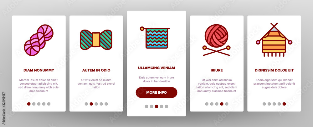 Yarn Ball For Knitting Onboarding Icons Set Vector. Yarn In Bucket And Needles, Threads And Hooks, Sweater And Sock Illustrations