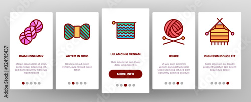 Yarn Ball For Knitting Onboarding Icons Set Vector. Yarn In Bucket And Needles, Threads And Hooks, Sweater And Sock Illustrations