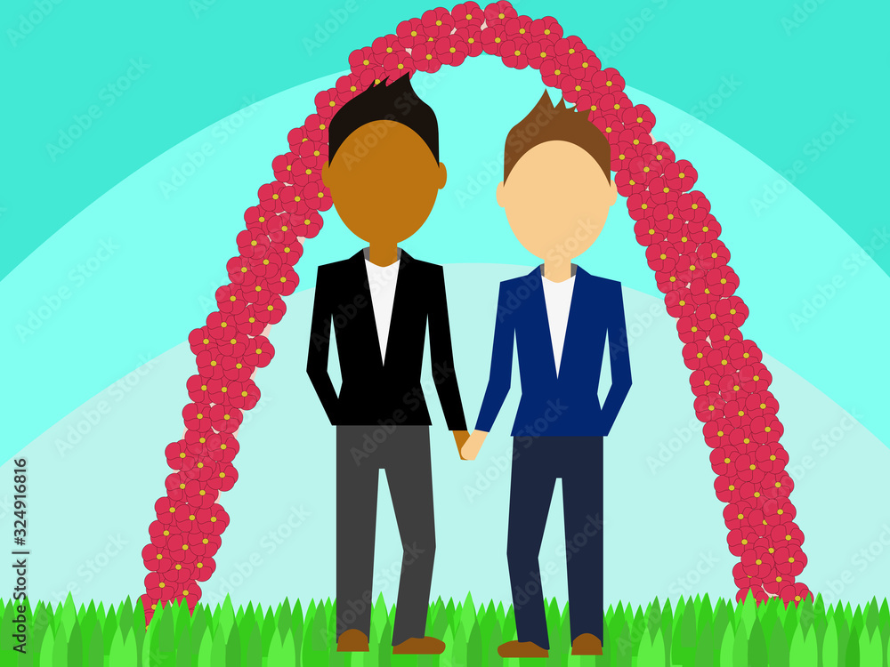 Two men holding hands in a suit in front of a floral bridge. A Gay ...