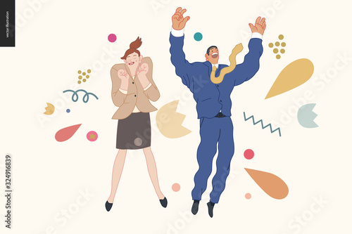 Fototapeta Naklejka Na Ścianę i Meble -  Happy business employee man and woman jumping in the air cheerfully. Modern flat vector concept illustration of a happy jumping office workers. Feeling and emotion concept.