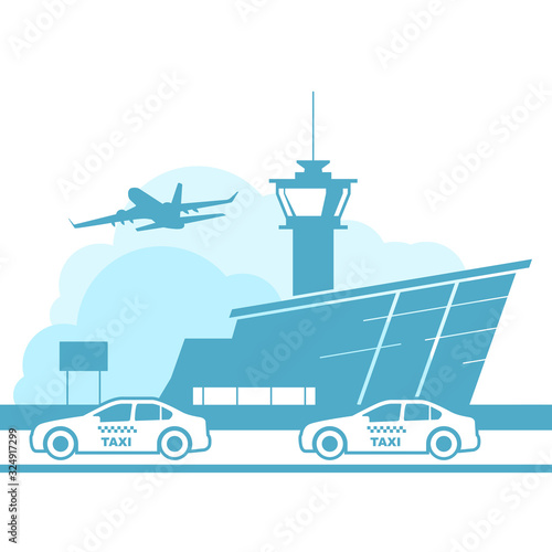 Airport transfer icon, taxi service from airport terminal, airport building and cars