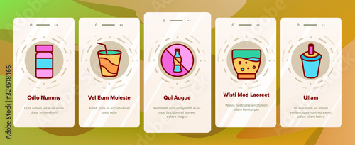 Soda Aqua Beverage Onboarding Icons Set Vector. Soda Bottle And In Glass Cup, With Tube And Ice Cubes, Tacos And Hamburger Illustrations