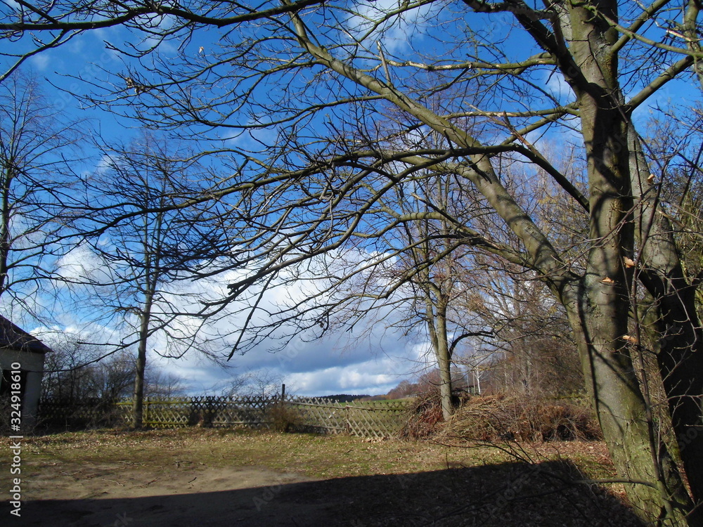 Blick von Hof auf Felder im Vorfrühling Blick von Hof auf Felder im Vorfrühling