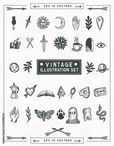 Vintage hand drawn ink vector illustration set. Isolated elements for graphic design . Vintage old school icons for your creativity.