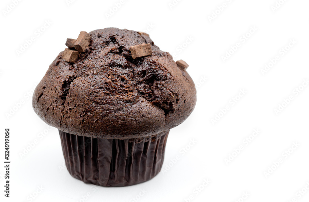 Double chocolate chunk muffin on white Double chocolate chunk muffin on white