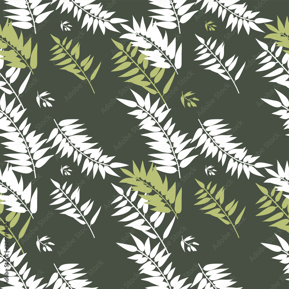 Seamless graphic pattern with the image of white and gold palm leaves on a black background. Vector illustration