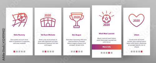 Soccer Champion 2020 Onboarding Icons Set Vector. Football World Champion 2020 Goblet, Game Equipment Ball And Gate Illustrations