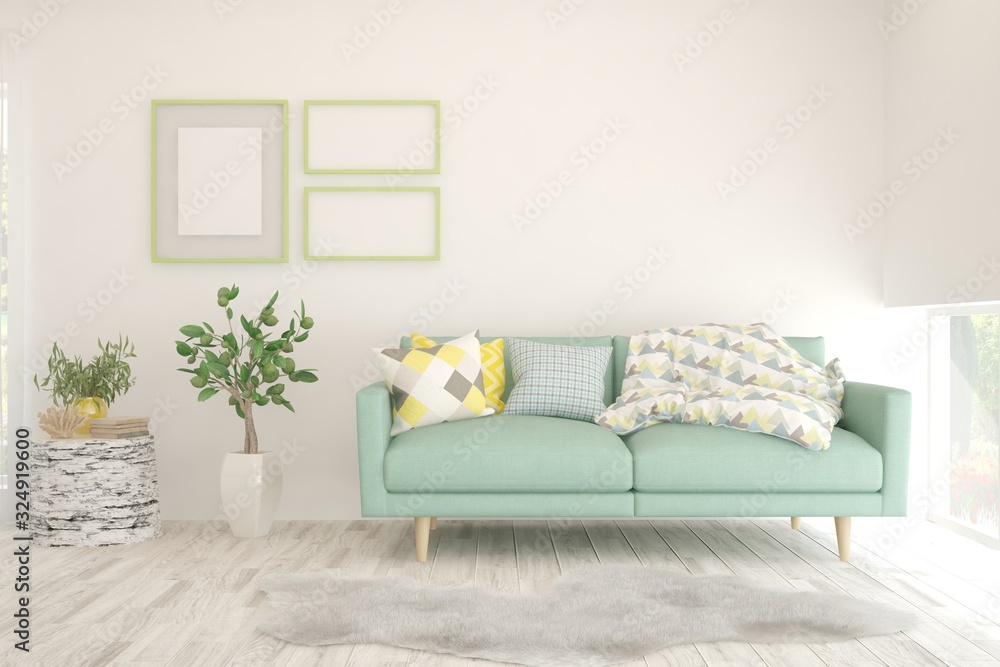 Fototapeta premium Modern living room in white color with sofa. Scandinavian interior design. 3D illustration