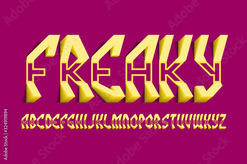 Volumetric freaky alphabet of unusual yellow letters. 3d display font. Isolated english alphabet.