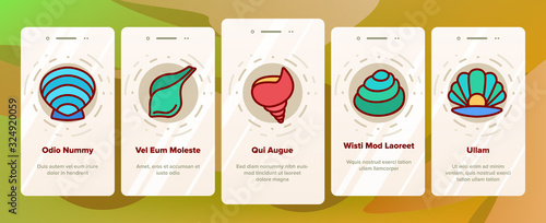Shell And Marine Conch Onboarding Icons Set Vector. Nature Ocean Shell For Shellfish, Aquatic Decorative Seashell And Cockleshell Illustrations
