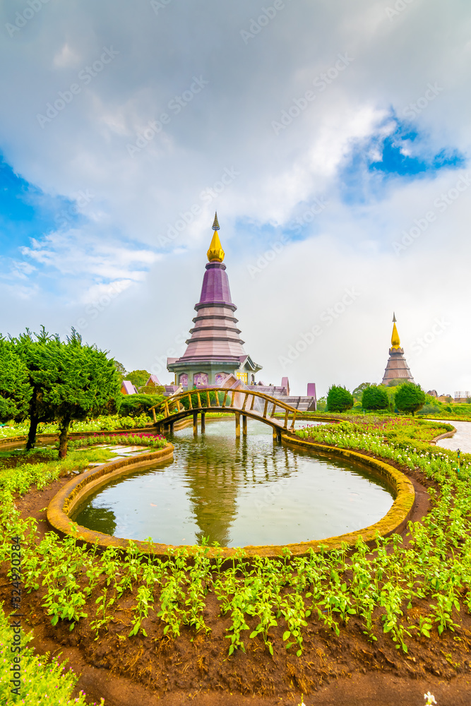 The Twin Royal Stupas dedicated to His Majesty The King and Queen of Thailand in Doi Inthanon National Park near Chiang Mai Thailand. Phra Maha Dhatu Nabha Metaneedol and Nabhapol Bhumisiri The Twin Royal Stupas dedicated to His Majesty The King and Queen of Thailand in Doi Inthanon National Park near Chiang Mai Thailand. Phra Maha Dhatu Nabha Metaneedol and Nabhapol Bhumisiri