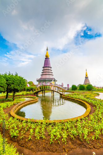 The Twin Royal Stupas dedicated to His Majesty The King and Queen of Thailand in Doi Inthanon National Park near Chiang Mai Thailand. Phra Maha Dhatu Nabha Metaneedol and Nabhapol Bhumisiri
