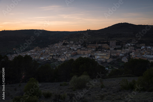 A top view of the medieval village of Pastrana surrounded by mountains at sunset, Guadalajara, Spain © JMDuran Photography