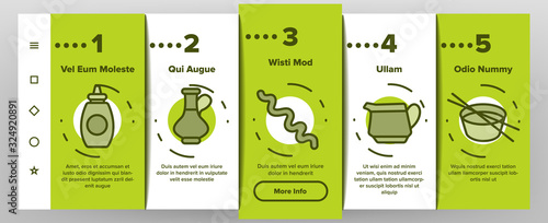 Sauce Spicy Cream Onboarding Icons Set Vector. Ketchup, Mustard And Olive Oil Bottles And Containers, On Chicken Leg Illustrations