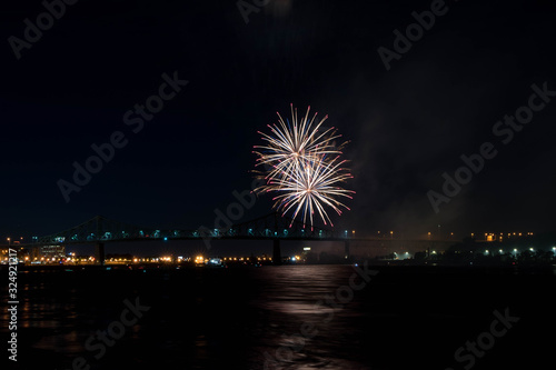 fireworks. Jacques Cartier bridge with fireworks. Montreal Quebec. Fireworks.