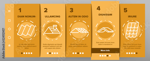 Roof Construction Onboarding Icons Set Vector. Sun Solar Battery On House Roof, Metallic And Tile Roofing Material On Building Top Illustrations
