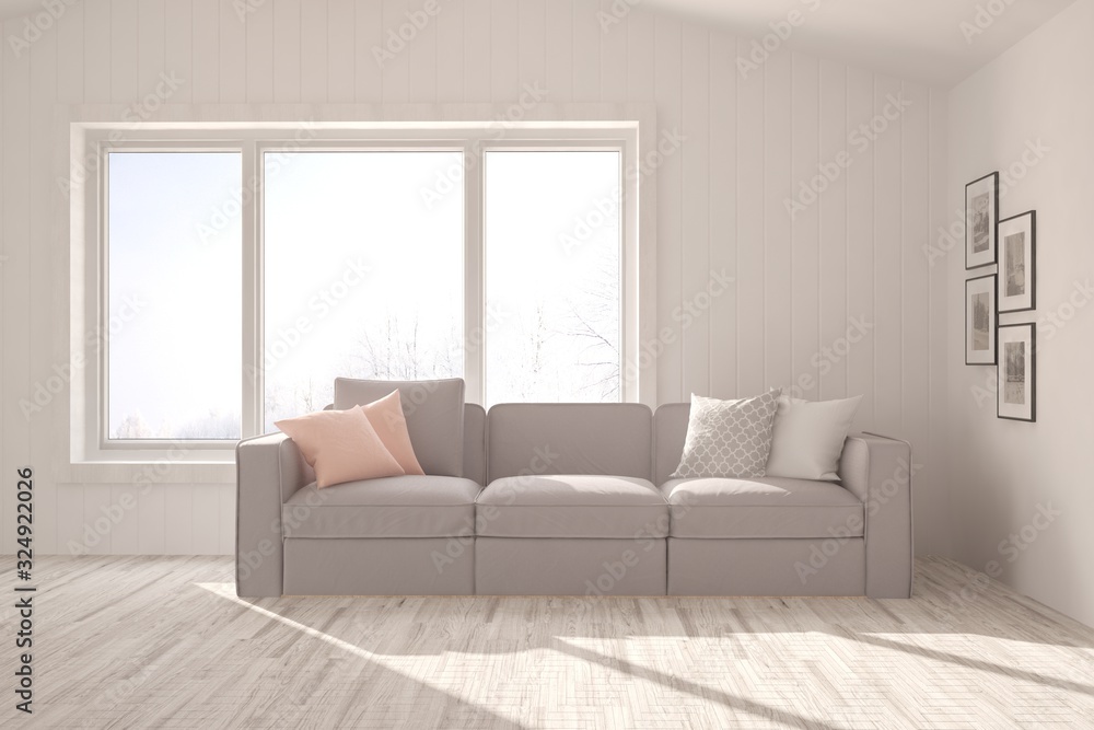 Fototapeta premium Modern living room in white color with sofa. Scandinavian interior design. 3D illustration