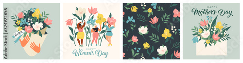 Happy Womens Day March 8 Cute cards and posters for the spring holiday. Vector illustration of a date, a women and a bouquet of flowers.