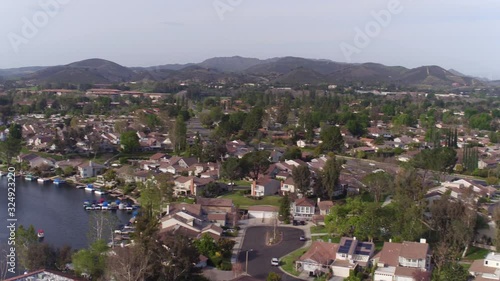Panning aerial, Westlake Village neighborhood