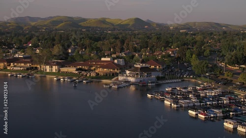 Panning aerial, Westlake Lake in California