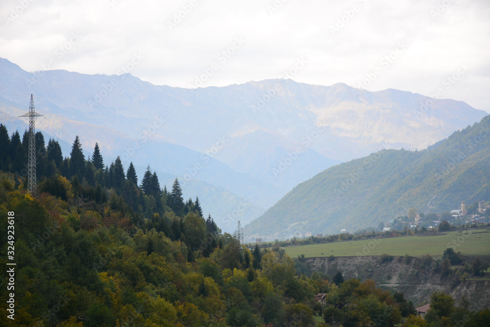 Mestia, Georgia - October 2, 2018: View to the mountains from Hatsvali cable car, Svaneti