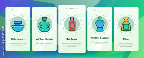 Perfume Containers Onboarding Icons Set Vector. Glass Bottles With Aromatic Perfume In Different Beautiful Forms Illustrations