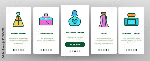 Perfume Containers Onboarding Icons Set Vector. Glass Bottles With Aromatic Perfume In Different Beautiful Forms Illustrations