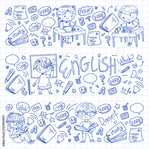 English school for children. Learn language. Education vector illustration. Kids drawing doodle style image.