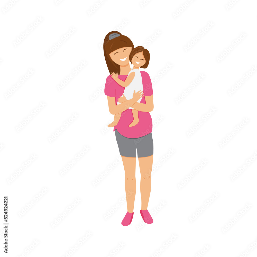 Vector illustration of brunette mom holds daughter. Flat illustration of mom's love. Cute cartoon characters design of pregnant mummy that hugging and cuddling her little girl. Usable for mother's day