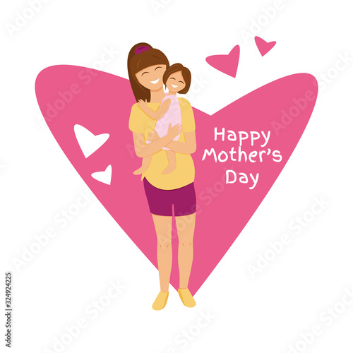 Vector illustration of brunette mom holds daughter. Flat illustration of mom's love. Cute characters design of pregnant mummy hugging girl. Personages with heart shape and text for mother's day
